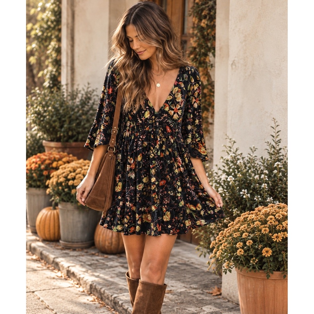 Natural Life Floral Velvet Dress Size M Fall Boho V Neck Pockets